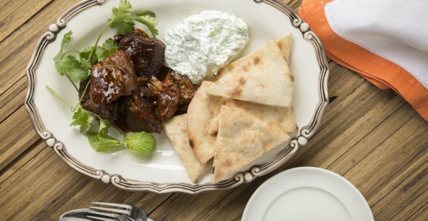 Moroccan Braised Lamb Shoulder With Tzatziki And Naan
