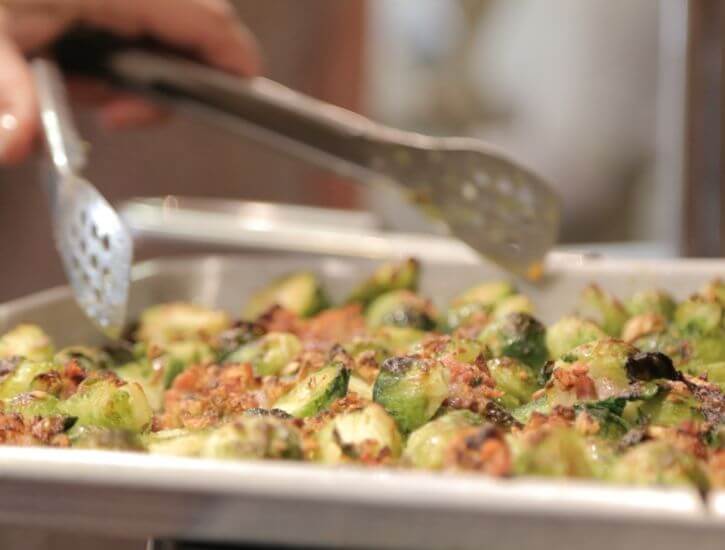 Brussels Sprouts with Roasted Garlic and Pancetta prep