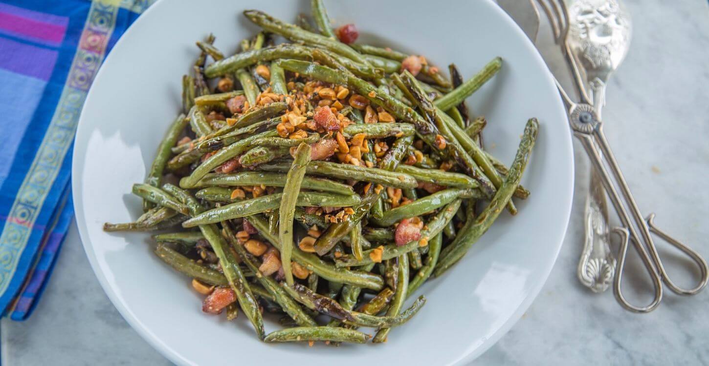 Roasted Green Beans and Pancetta with Sherry Vinegar and Toasted Peanuts